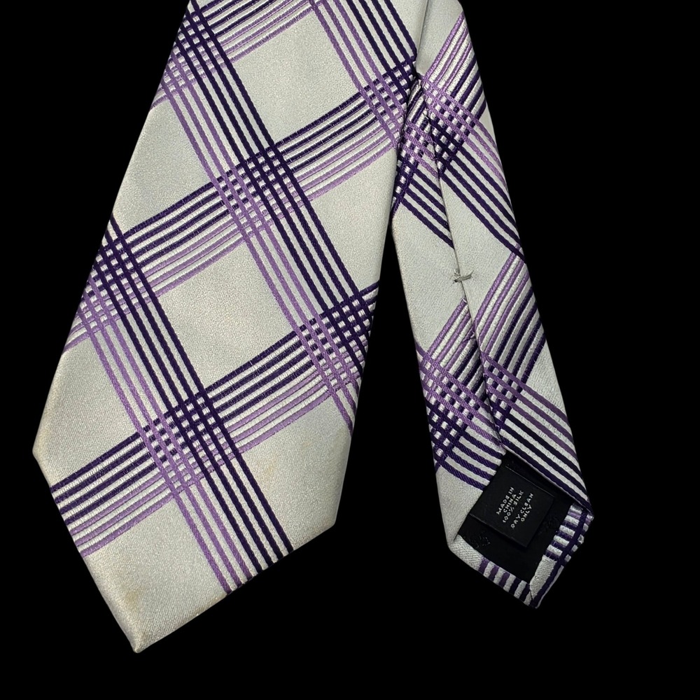 Express Mens Silk Necktie Purple Silver Plaid Grid Formal Business Tie*